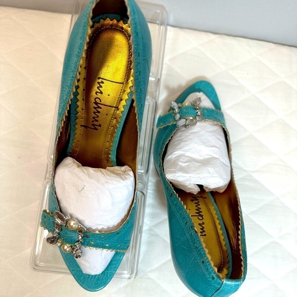 Lnicling Womens Size 6 High Heels Shoes Open Peep Toe Gold Trim Beaded Side Deco